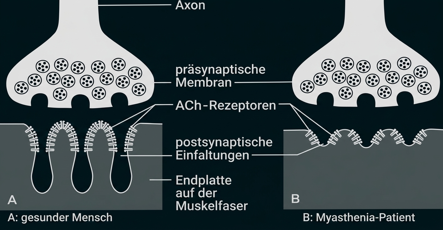 Schematische Darstellung der motorischen Endplatte: links gesund, rechts Myasthenia mit flacheren Falten und weniger ACh‑Rezeptoren